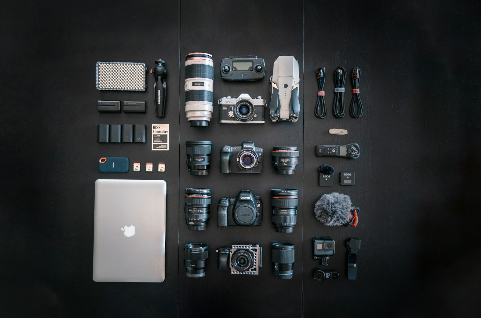 Camera accessories gear flatlay