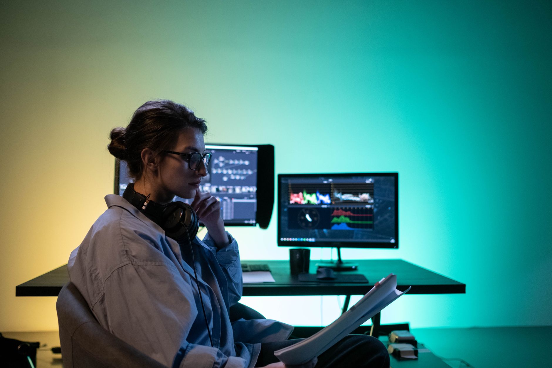 Editor analyzing footage screen