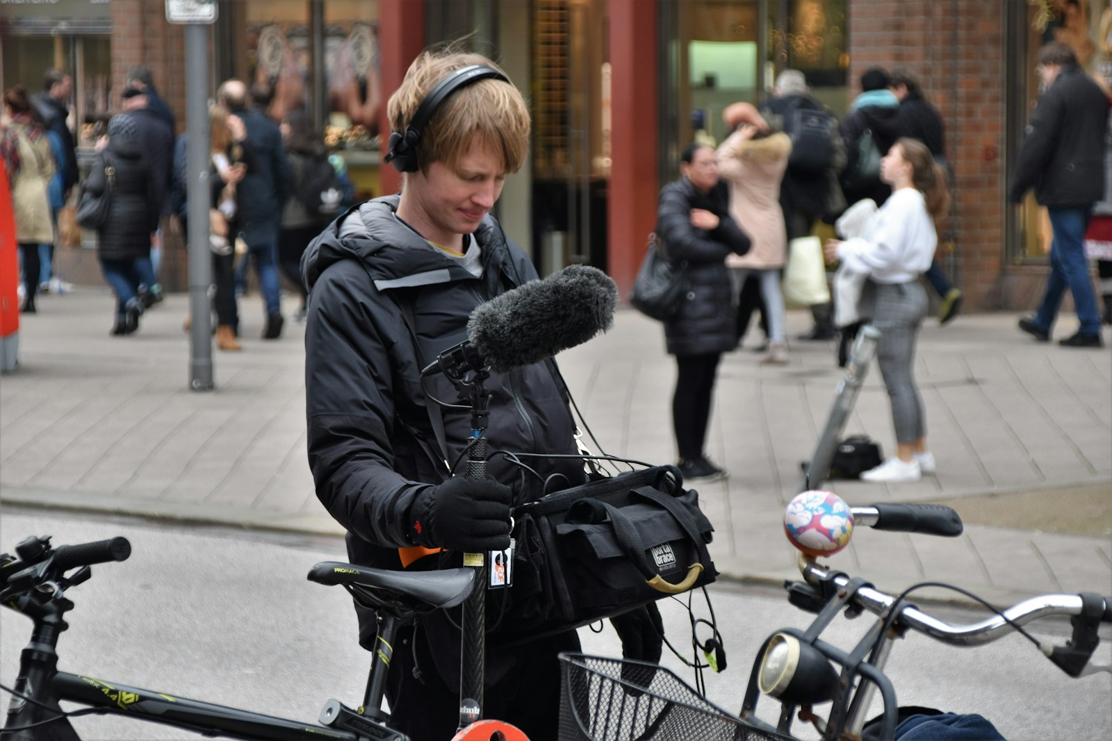 Sound recordist boom mic outdoor